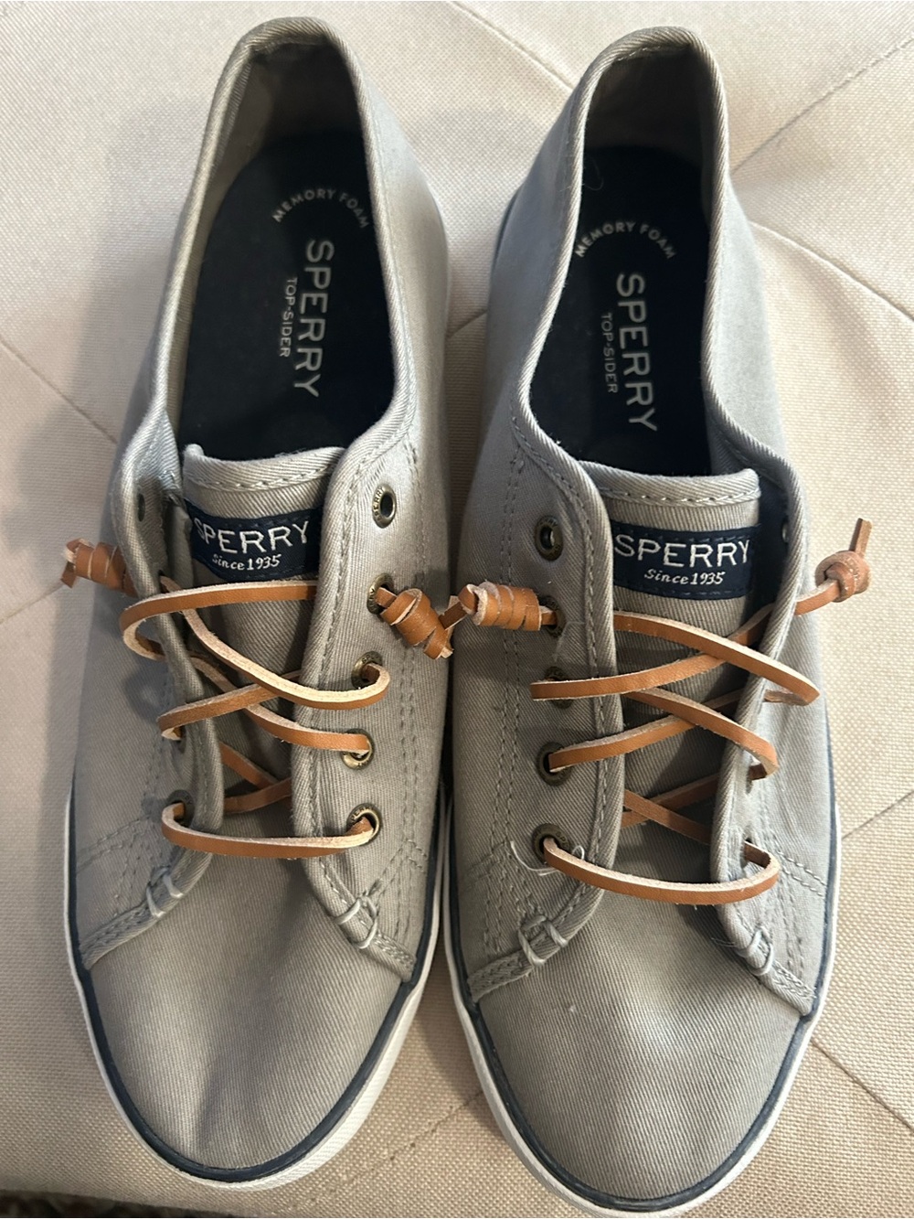 Sperry Light Gray Canvas Boat Shoes with Tan Leather Laces
